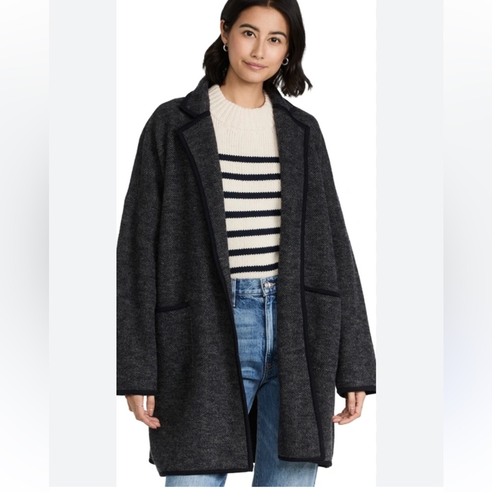 Madewell Hereingbone Dorinda Merino Wool Coat Open Front Gray Oversized S